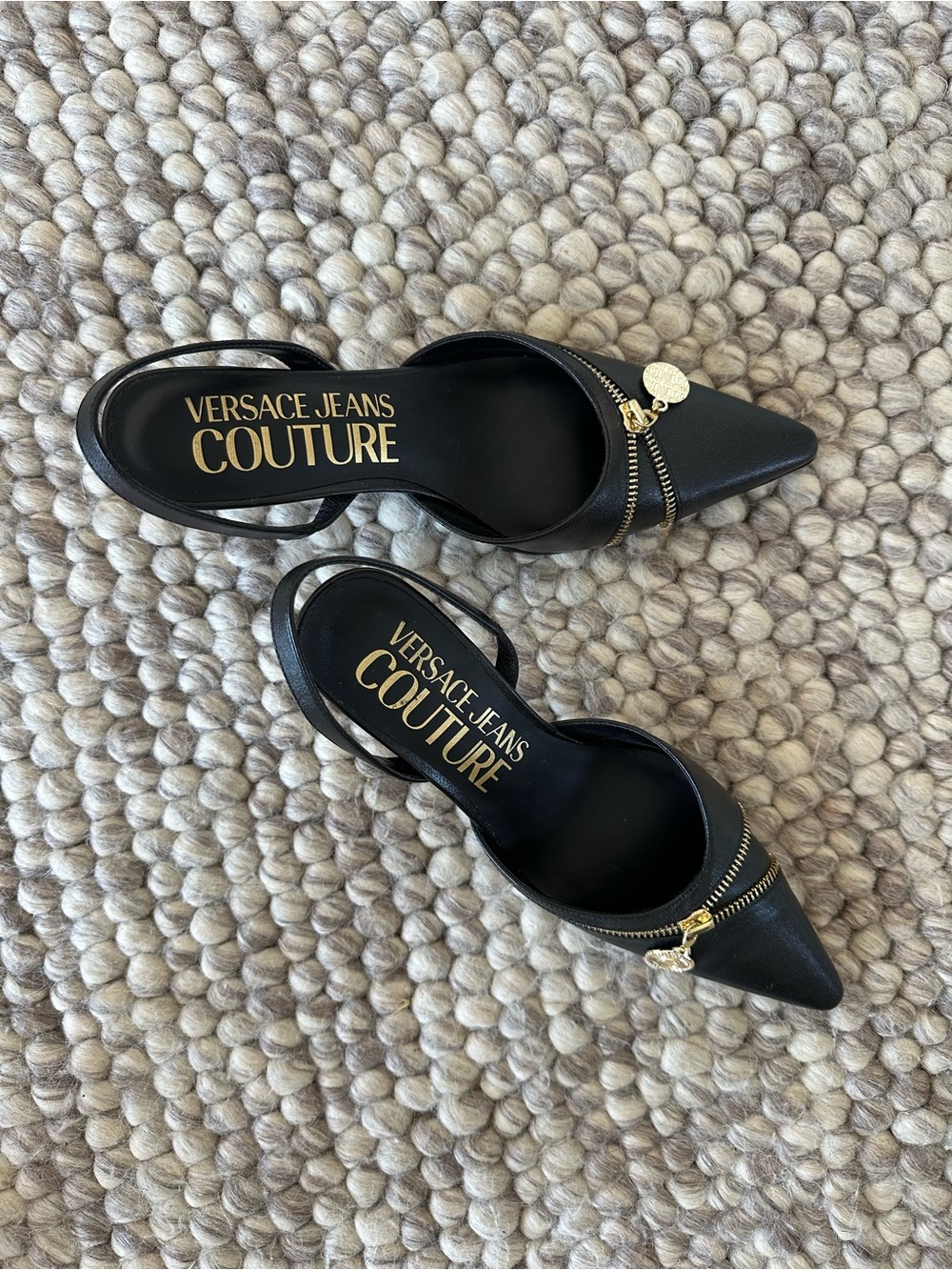 Versace Jeans Collection Black Pointed Toe Slingback Pumps, Size 38, NWOT